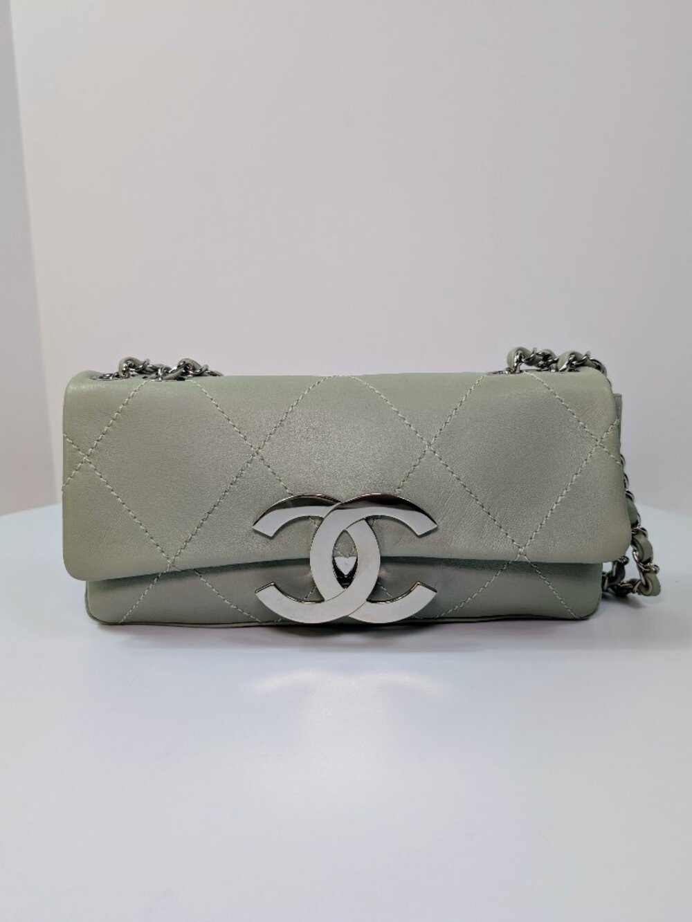 Chanel Vintage Mint Green East West Flap Bag with Oversized Silver CC Lock